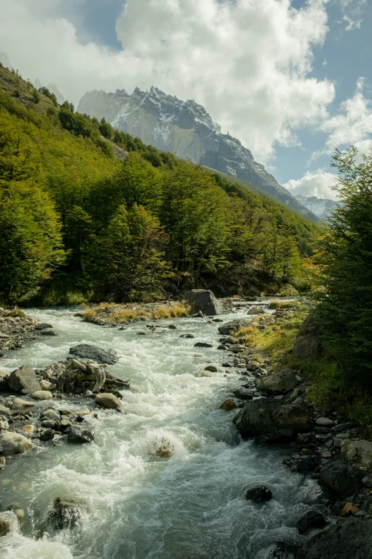 a river is flowing through the green mountains