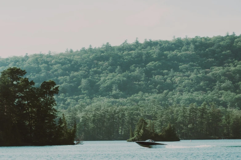 a river with trees and a boat in the water