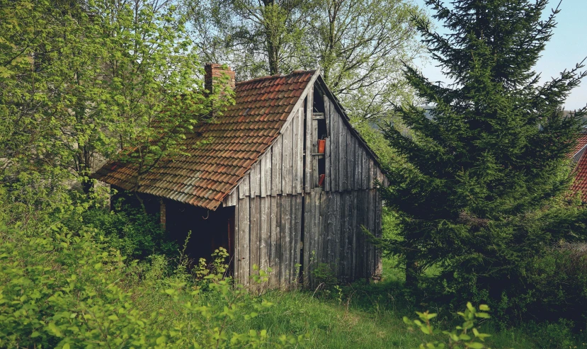 a barn is surrounded by trees and bushes