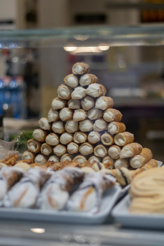 a food display case in a store filled with food