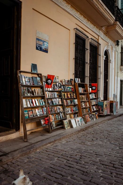 several books on display in front of a sidewalk