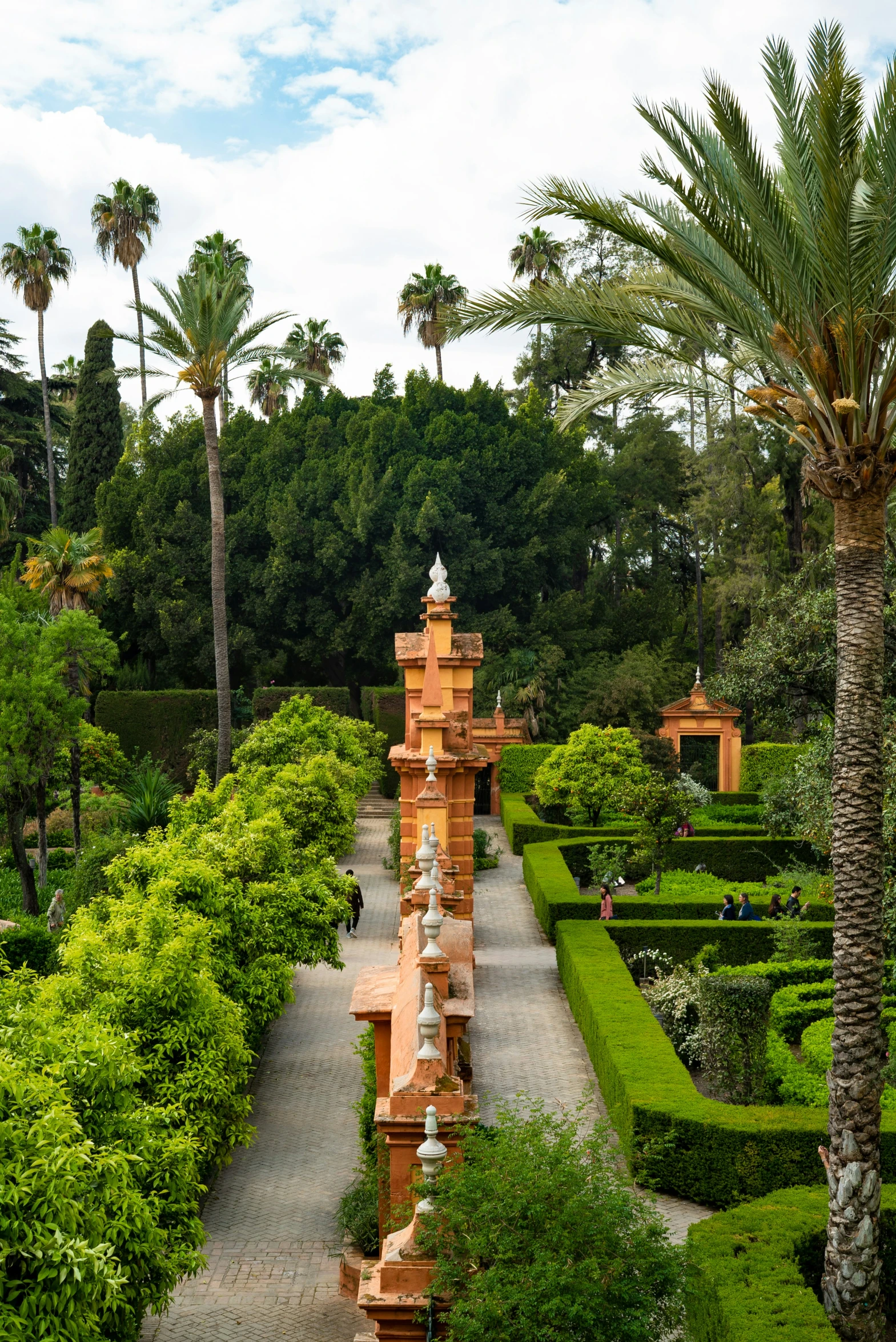 a path going through a garden with a clock tower