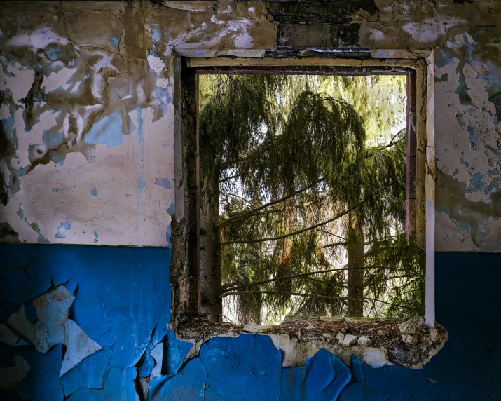 a window in the wall of an old abandoned house