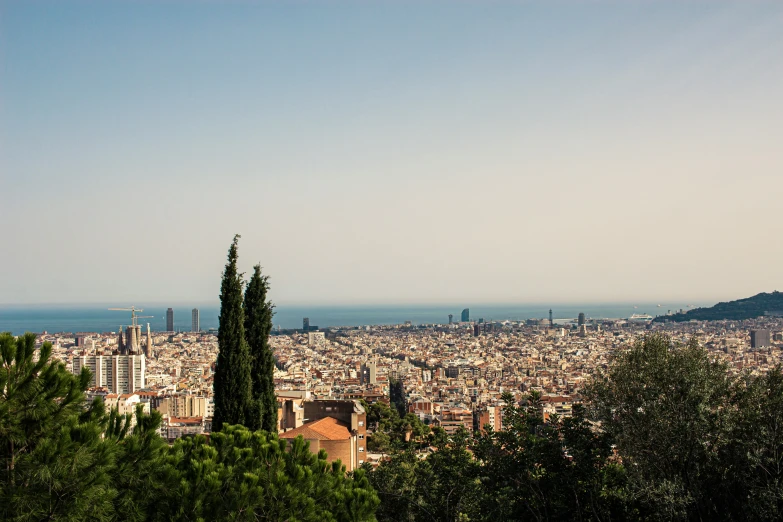 a city with trees in the foreground and a blue sky in the background