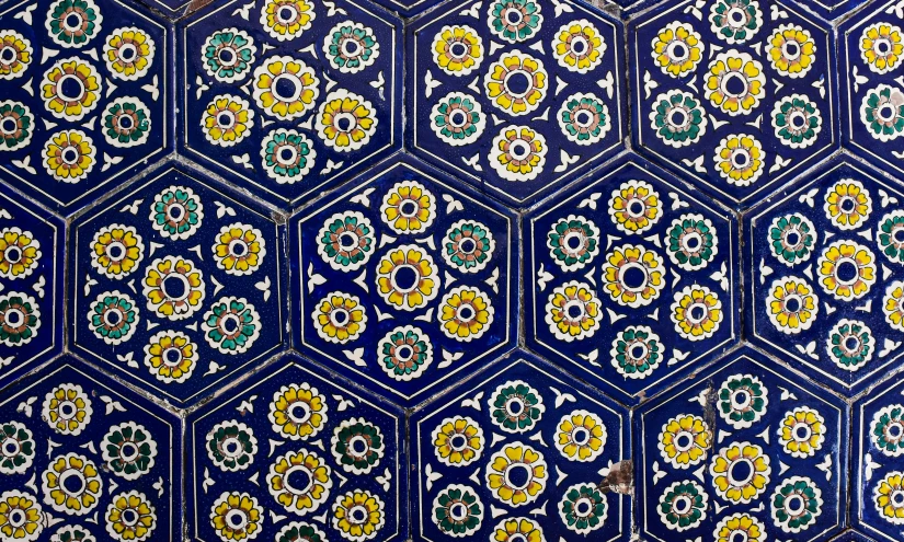 a large blue and gold patterned object