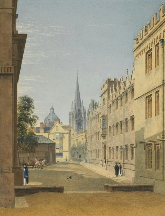 a painting shows a very old city with people walking by