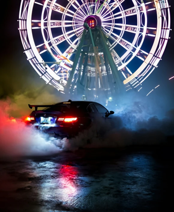 a ferris wheel is in the sky above a black car at night