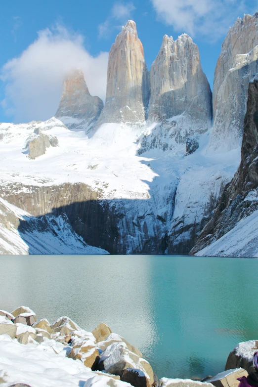 a beautiful mountain lake surrounded by snow and ice