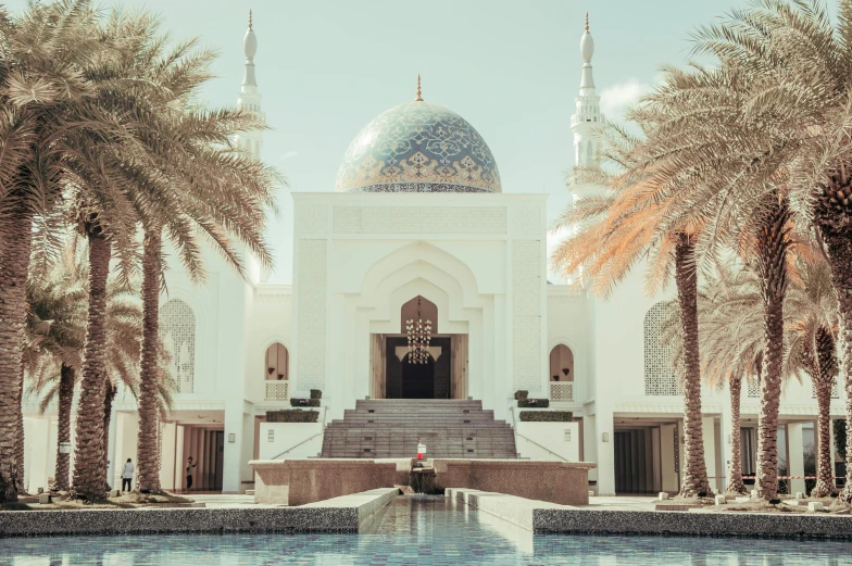 the view of an entrance with palm trees around