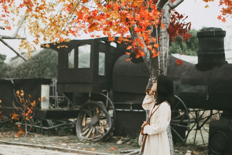 woman in white standing next to locomotive at outdoor structure