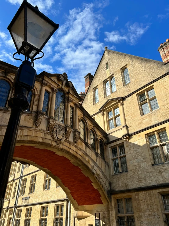 street lights on side walk of large old stone building