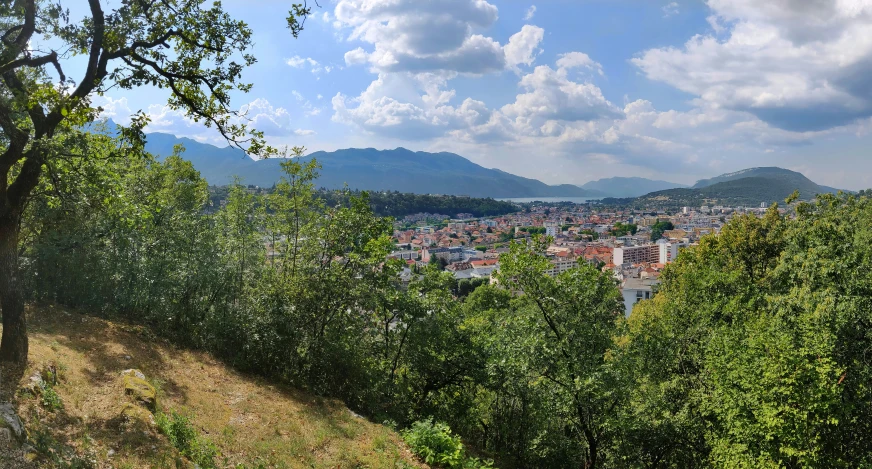 a city nestled between trees in the background and mountains in the foreground