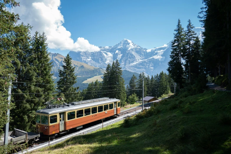 a small train on a track near trees and mountains