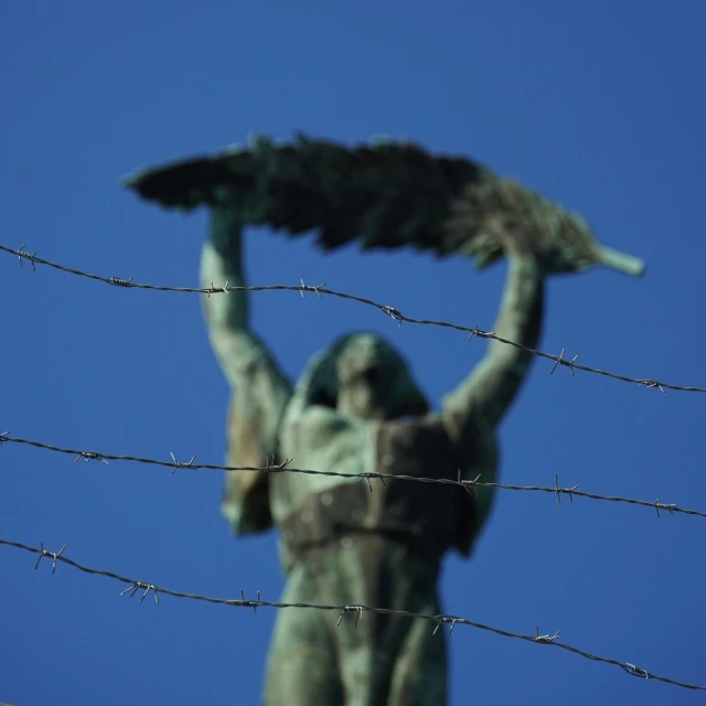 a statue is holding a bird near barbed wire