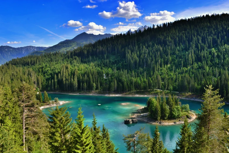 a green landscape with mountains and trees