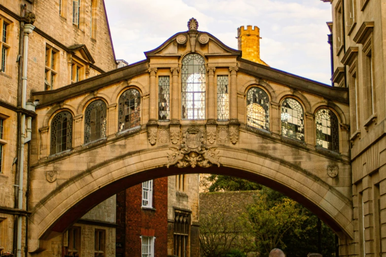 a bridge over some buildings and a building next to it