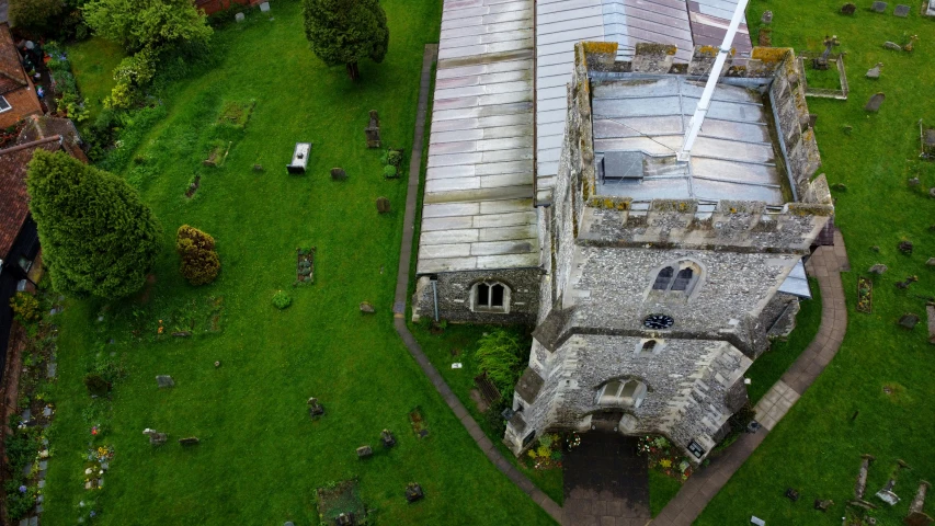 a view of an old building from the air