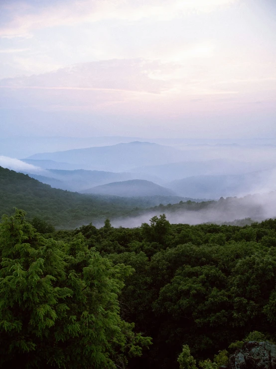 a view of some mountains and trees at sunset