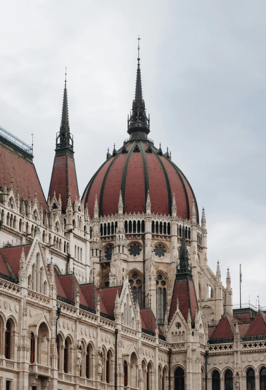 the view of an ornate building from below