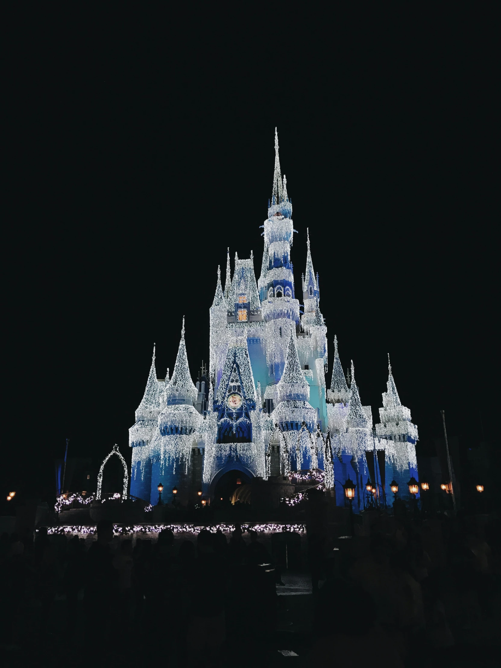 this castle looks like the disney world is lit up for christmas