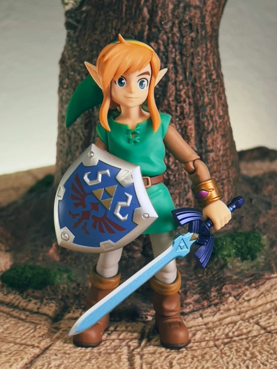a figurine stands next to a tree with a blue sword