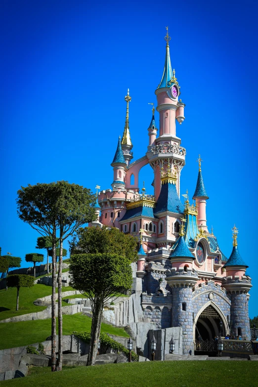 a castle with multiple turrets and towers near a tree