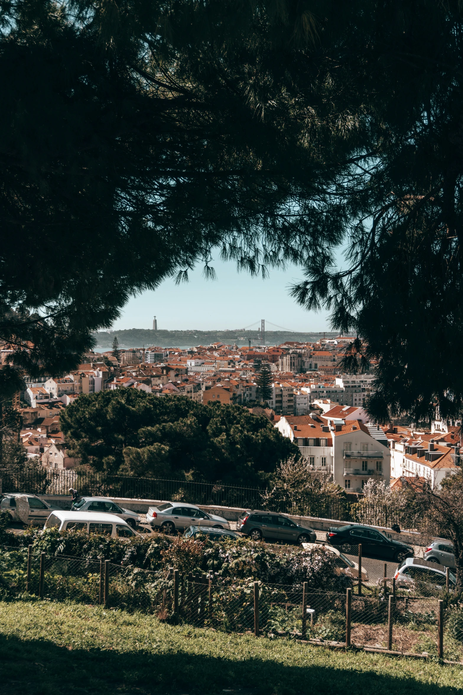 view from behind a fence looking towards a city