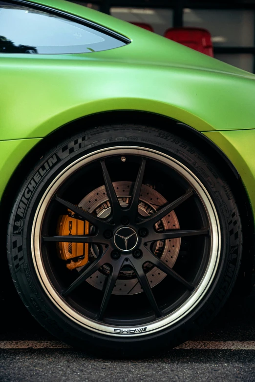 closeup s of green sports car wheel and tire