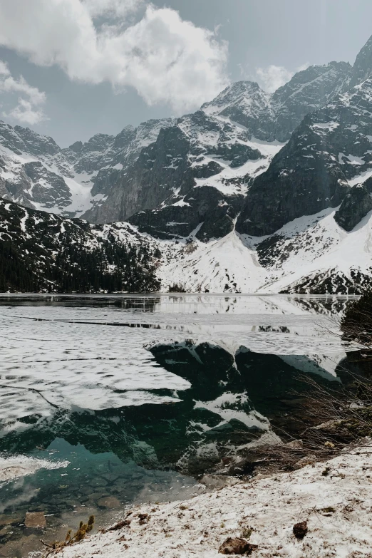 an icy mountain lake in the mountains with some snow