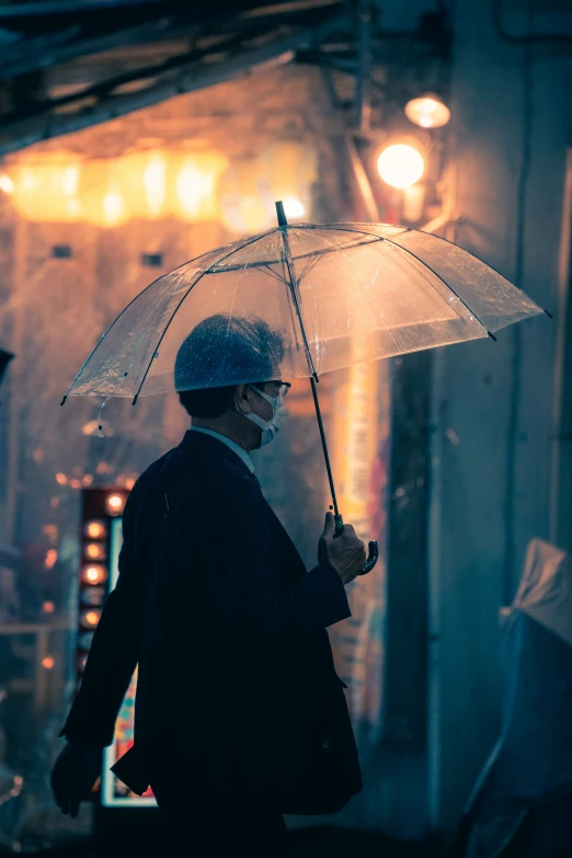 the man is walking through the rain with an umbrella