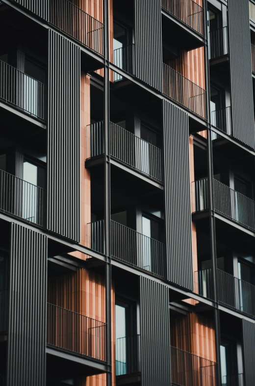 the building is filled with wooden balconies