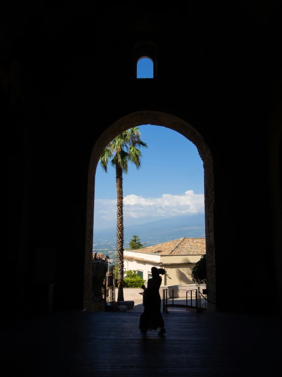 an open doorway leading into a palm tree in the distance