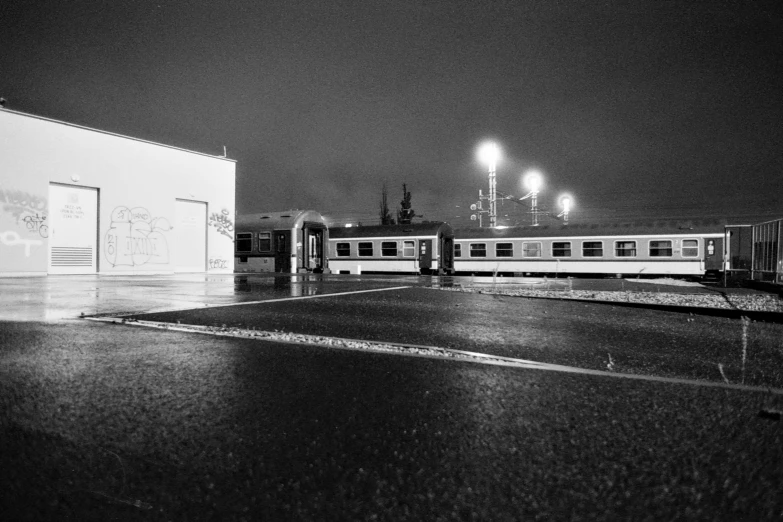 a black and white po of trains at the station