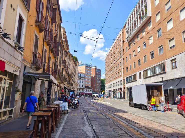 a street is full of people walking and walking on it