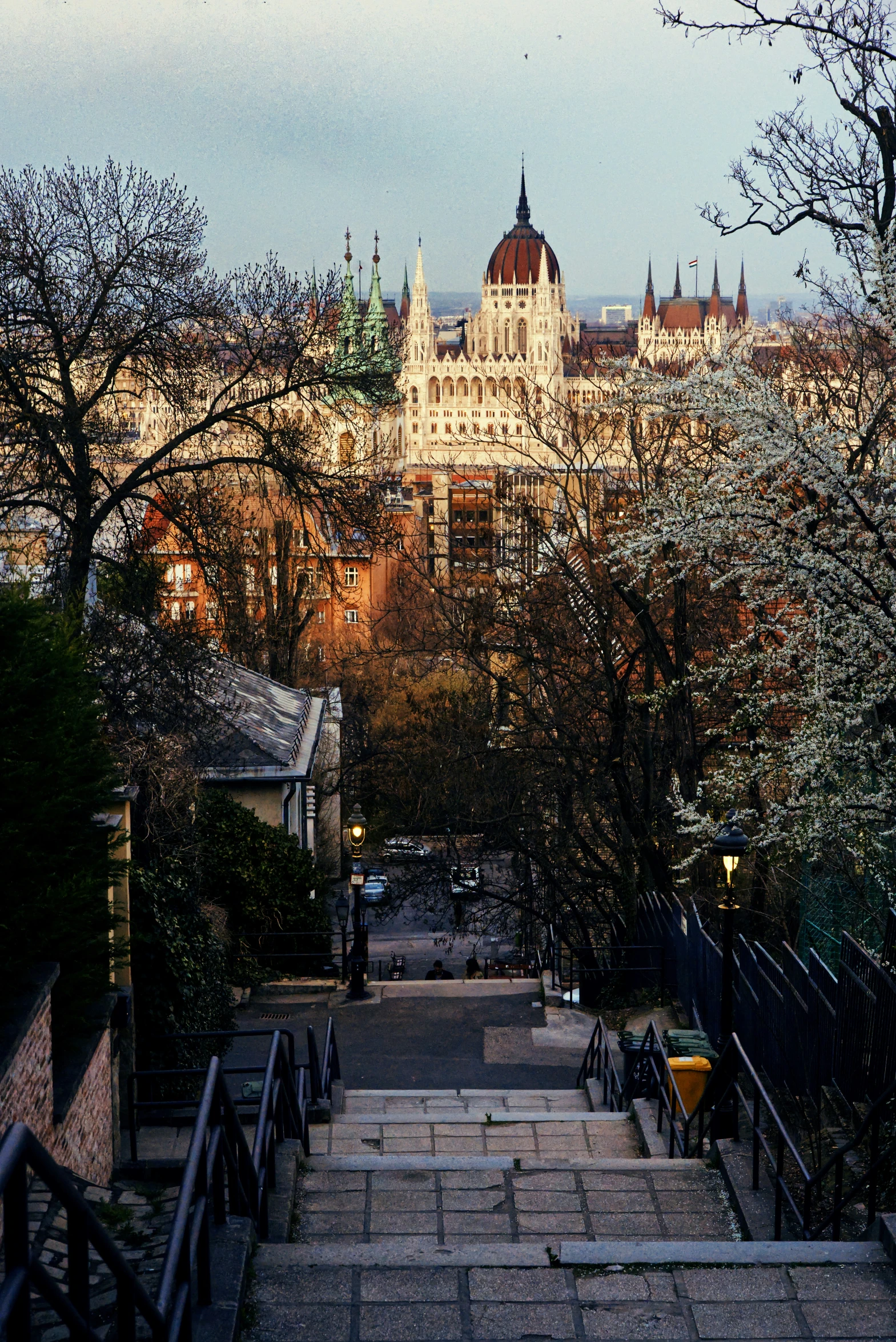 a walkway with steps up and some buildings behind it