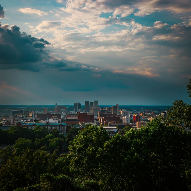 the skyline in front of the clouds over the trees