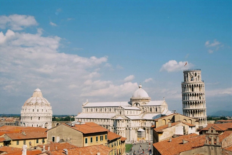 looking down at a city with various buildings and towers