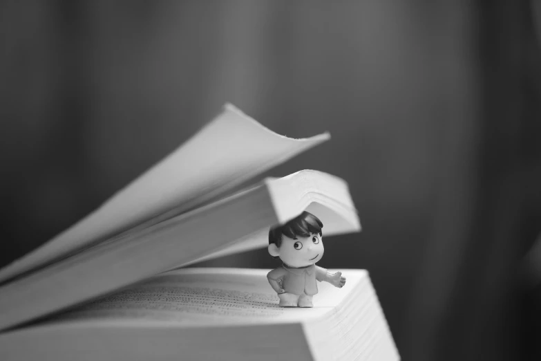 a little doll standing on top of a large book