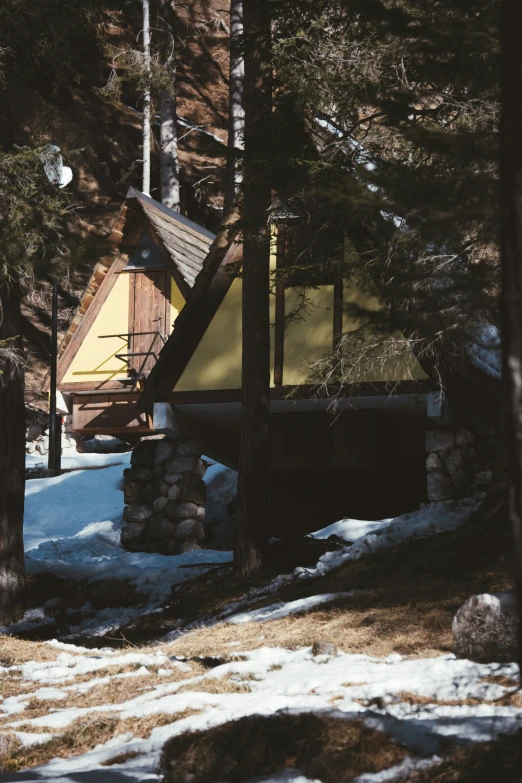 a small yellow cabin sits in the woods