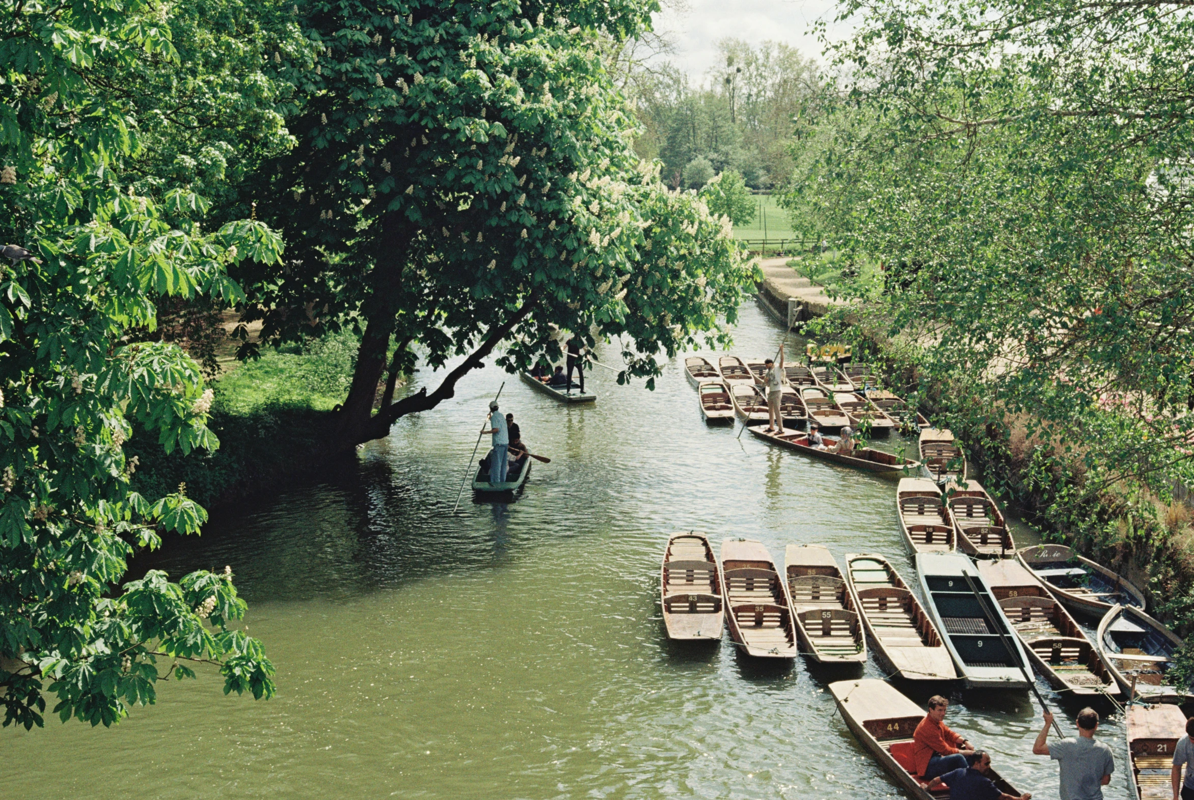 a small river with rows of empty boats