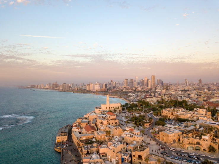 an aerial view of a city and a body of water