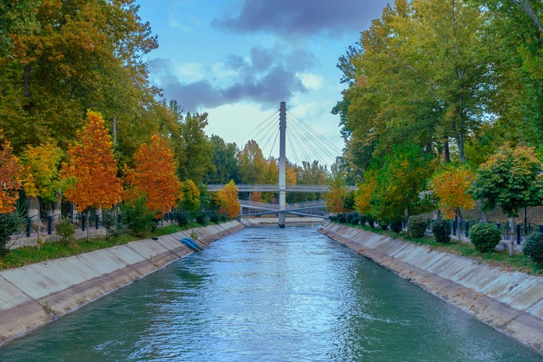 a long canal and trees line the bank of it