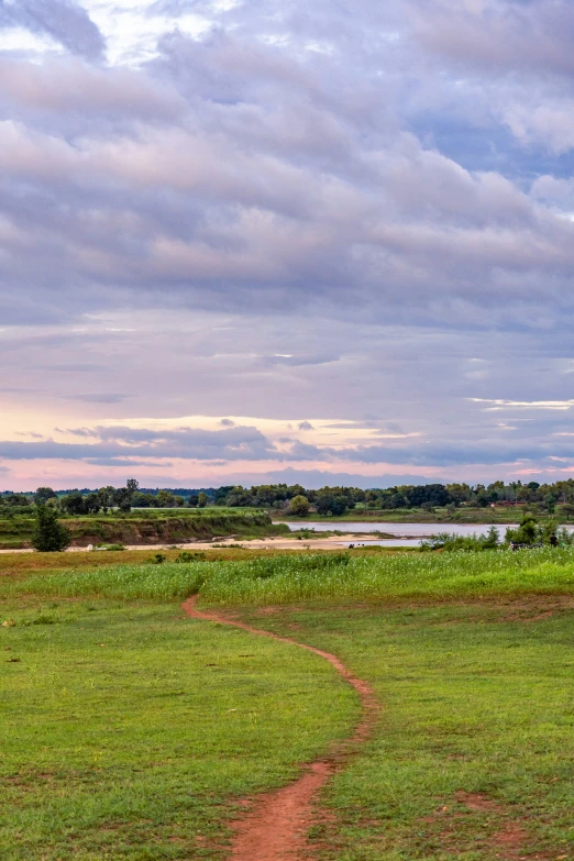 two giraffes walking in an open field with water and clouds