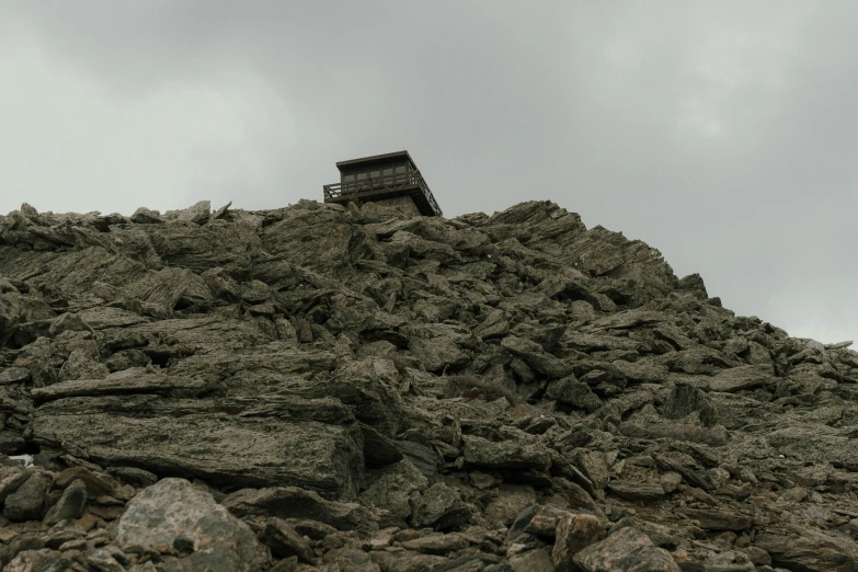 the building is made from rocks and is high on the mountain