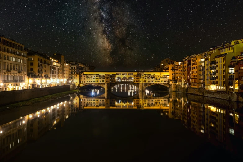 a small canal at night and the milky