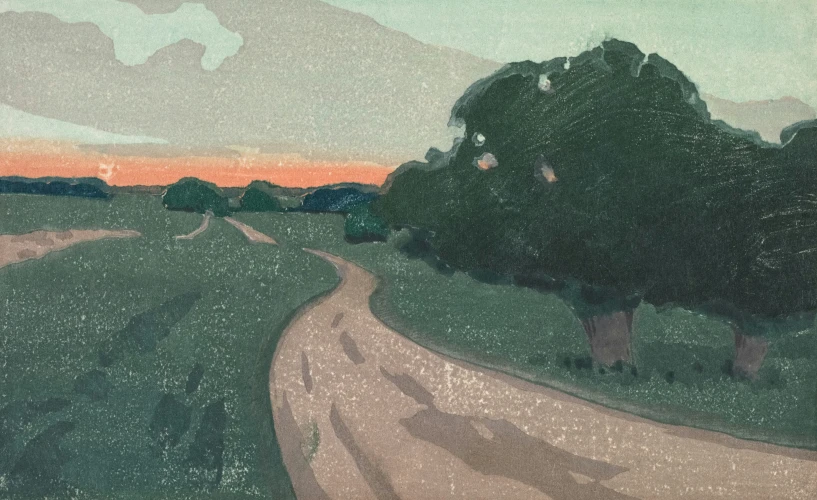 a painting of a country road on a clear evening
