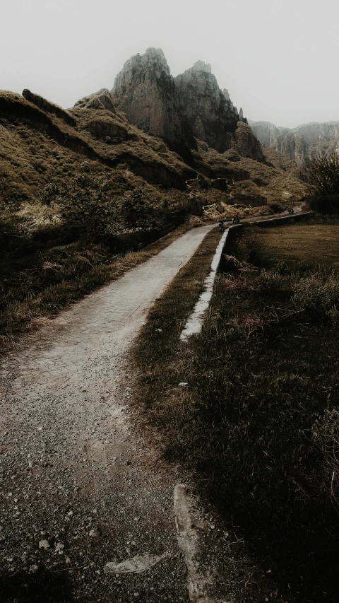 a pathway winds its way through a grassy field