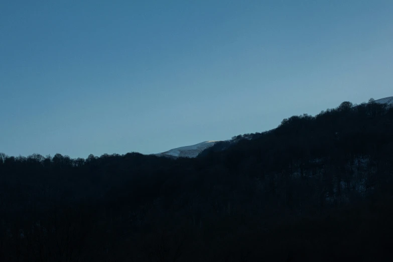 a dark forest area at dusk with mountains in the distance