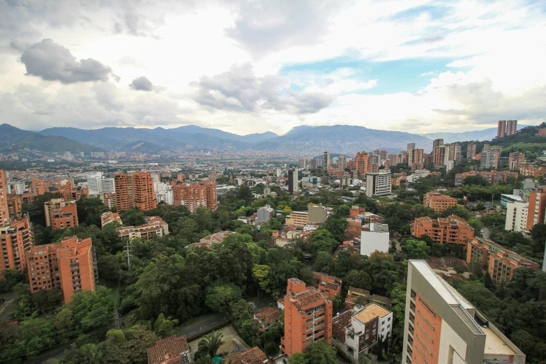 cityscape with many tall buildings and trees surrounding it