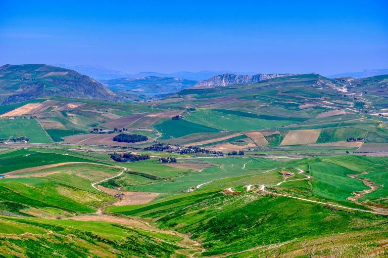 a lush green field with mountains in the background